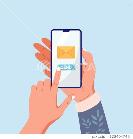 Hand holding smartphone with mail app. Mobile phone with envelope and send button on screen. Person sending letter by phone app. Man creates new email message, sms. Online marketing and business Hand holding smartphone with mail app. Mobile phone with envelope and send button on screen. Person sending letter by phone app. Man creates new email message, sms. Online marketing and business 128404749