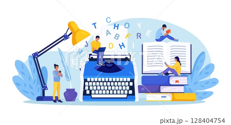 Literature. Author writing chapter of novel, poetry book. Bestseller publishing. People standing near typewriter with paper and words, reading book. Screenwriter, poet or journalist working on article Literature. Author writing chapter of novel, poetry book. Bestseller publishing. People standing near typewriter with paper and words, reading book. Screenwriter, poet or journalist working on article 128404754