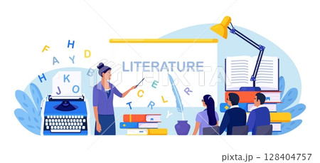 Literature school subject. Students learning language with vocabulary. Pupil reading novel, poetry, grammar book, encyclopedia, classic verses. Children learning and sitting on books. Study in library Literature school subject. Students learning language with vocabulary. Pupil reading novel, poetry, grammar book, encyclopedia, classic verses. Children learning and sitting on books. Study in library 128404757