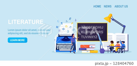 Literature school subject. Students learning foreign alphabet. Pupil reading novel, poetry, grammar book, encyclopedia, classic verses. Teacher standing near typewriter. Screenwriting, journalism Literature school subject. Students learning foreign alphabet. Pupil reading novel, poetry, grammar book, encyclopedia, classic verses. Teacher standing near typewriter. Screenwriting, journalism 128404760