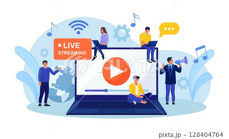 Live streaming, broadcast vlog. Video streaming podcast. Tiny people watch live stream in social networks and sharing online video. Business working process Live streaming, broadcast vlog. Video streaming podcast. Tiny people watch live stream in social networks and sharing online video. Business working process 128404764