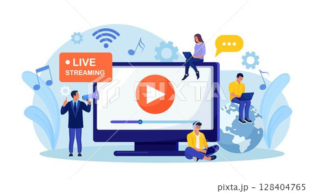Live streaming, broadcast vlog. Video streaming podcast. Tiny people watch live stream in social networks and sharing online video. Business working process Live streaming, broadcast vlog. Video streaming podcast. Tiny people watch live stream in social networks and sharing online video. Business working process 128404765