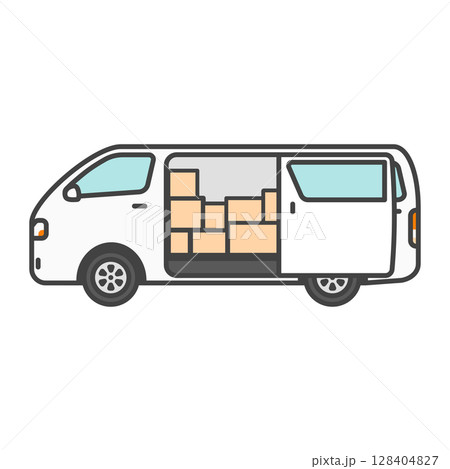 イラスト素材：宅配便の荷物を積んだバン・物流業界の商用車・白のワゴン車（ワンボックスカー） 128404827