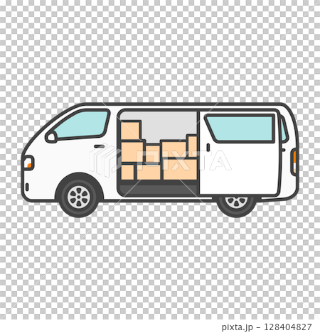 イラスト素材：宅配便の荷物を積んだバン・物流業界の商用車・白のワゴン車（ワンボックスカー） 128404827