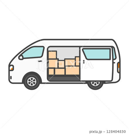 イラスト素材：宅配便の荷物を積んだバン・物流業界の商用車・白のワゴン車（ハイルーフモデル） 128404830