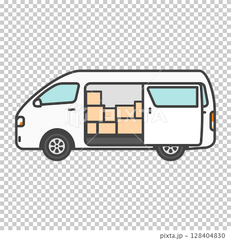 イラスト素材：宅配便の荷物を積んだバン・物流業界の商用車・白のワゴン車（ハイルーフモデル） 128404830