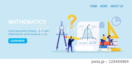 Math school subject. People studying mathematics, algebra, arithmetic. Mathematician use scientific formulas and diagrams for new calculation. Math analysis, conjecture computing. Mathematics course 128404864