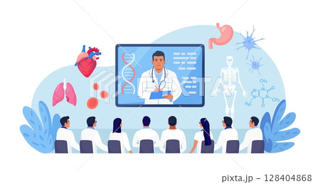 Medical conference, online education. Mentor giving scientific researching lecture for students by internet. Doctor teaching academic knowledge for hospital work. Professional occupation training 128404868