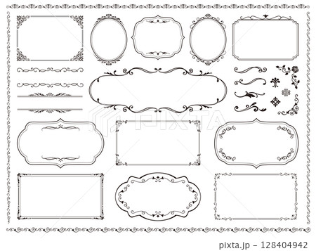 文字が無くて使いやすい黒のビンテージフレームとオーナメントのセット3 文字が無くて使いやすい黒のビンテージフレームとオーナメントのセット3 128404942