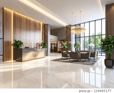 エレガントな都会の雰囲気のおしゃれなホテルのロビー2　ai生成画像 128405177