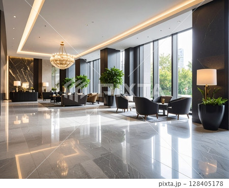 エレガントな都会の雰囲気のおしゃれなホテルのロビー3　ai生成画像 128405178