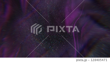 Shimmer stream. Beam texture. Defocused purple blue black color splash paint sparkling water on abstract creative neon dark background. 128405471