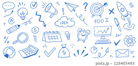 Business sketch icon money and idea set. Hand drawn sketch elements for team, goal, startup and success. Business icon chart, office clock, rocket progress job concept. Vector Business sketch icon money and idea set. Hand drawn sketch elements for team, goal, startup and success. Business icon chart, office clock, rocket progress job concept. Vector 128405493