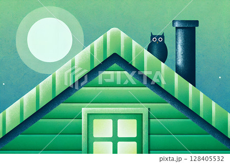 満月の夜に緑の家の屋根にとまるミミズク 128405532