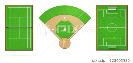 3d set of realistic tennis court, baseball diamond and soccer pitch top view render. Isolated sport ground with net and home base, football field with goal, green grass and white line. 3D illustration 3d set of realistic tennis court, baseball diamond and soccer pitch top view render. Isolated sport ground with net and home base, football field with goal, green grass and white line. 3D illustration 128405580