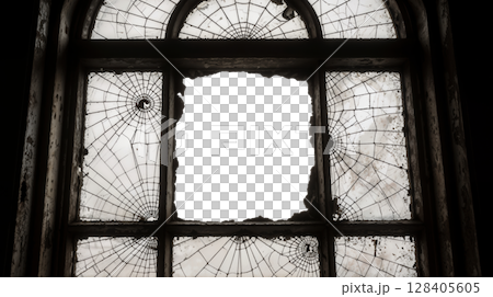 Transparent center hole in old arched cracked window 128405605