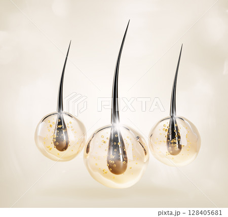 3d hair care render background. Follicles and gold liquid drops with oil bubbles, collagen serum, keratin or shampoo. Cosmetic spheres for nourish, hydration, repair and protection. 3D illustration 128405681