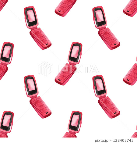 Pink glamorous women's flip phone. Noughties rom-com aesthetics. Watercolor seamless pattern for wrapping paper or textile. Pink glamorous women's flip phone. Noughties rom-com aesthetics. Watercolor seamless pattern for wrapping paper or textile. 128405743