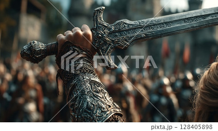 A close-up view of a warrior's arm clad in armor, raising an ornate sword. 128405898