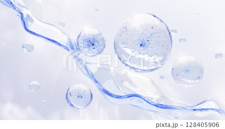 3d liquid water splash wave with blue drops texture. Light aqua background with bubbles and fluid flow. Clear serum, collagen gel or hyaluronic acid. Cosmetic product advertising. 3D illustration 3d liquid water splash wave with blue drops texture. Light aqua background with bubbles and fluid flow. Clear serum, collagen gel or hyaluronic acid. Cosmetic product advertising. 3D illustration 128405906
