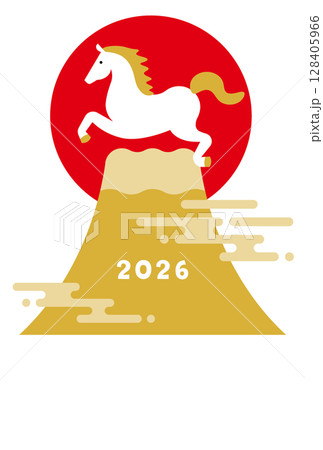 2026年年賀状。 午（馬）の干支入り 令和8年の年賀状テンプレート。和モダンな年賀状。 128405966
