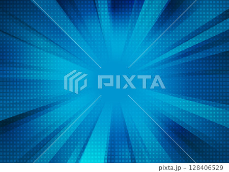 Blue pop art rays abstract geometric background with squares halftone 128406529