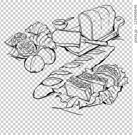 Various bread line drawing illustrations: sandwich, French bread, sliced bread, savory bread 128406646