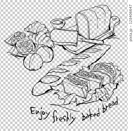 Various bread line drawings and English letters: sandwich, French bread, sliced bread, savory bread 128406647