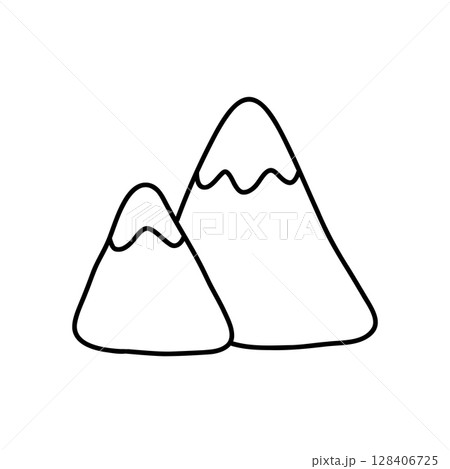 Two snowy mountain peaks in minimal line art style. Simple black and white vector illustration ideal for eco design, travel logos, hiking themes, and modern nature branding 128406725