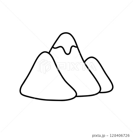 Three mountain peaks in minimalist line art style with snowcap. Simple black and white vector perfect for nature logos, hiking themes, eco branding, and modern travel illustrations 128406726