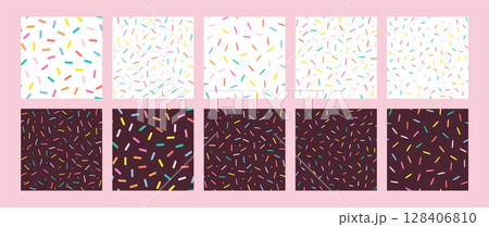 Simple Sprinkle Pattern. Set of Chocolate Donut glaze backgrounds. Small dashes in Rainbow colors. Vector Illustration in scandinavian style Simple Sprinkle Pattern. Set of Chocolate Donut glaze backgrounds. Small dashes in Rainbow colors. Vector Illustration in scandinavian style 128406810