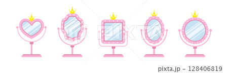 Princess mirror. Set of pink table mirrors for applying women makeup. Furniture for princess or royal room interior. Vintage Vector illustration in flat cartoon style Princess mirror. Set of pink table mirrors for applying women makeup. Furniture for princess or royal room interior. Vintage Vector illustration in flat cartoon style 128406819