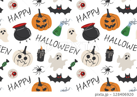 Flat cartoon vector pattern, Halloween and spooky holiday. Seamless background with jack o lanterns, ghosts, bats, cauldrons, spiders, festive lettering. Seasonal design, party decor, packaging 128406920
