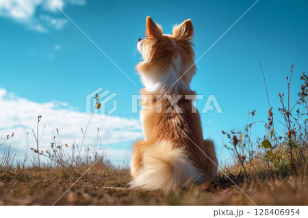 青空を見上げる犬の後ろ姿（AI生成画像） 128406954