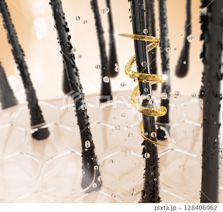 3d hair care cosmetic background. Follicle with gold liquid keratin spiral wave, oil bubbles and hexagon pattern on scalp. Clear serum drops, repair essence or nourish shampoo. 3D illustration 128406962