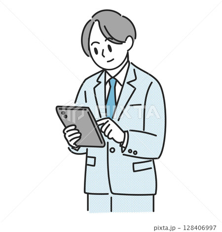 タブレットを操作するビジネスマンのイラスト 128406997