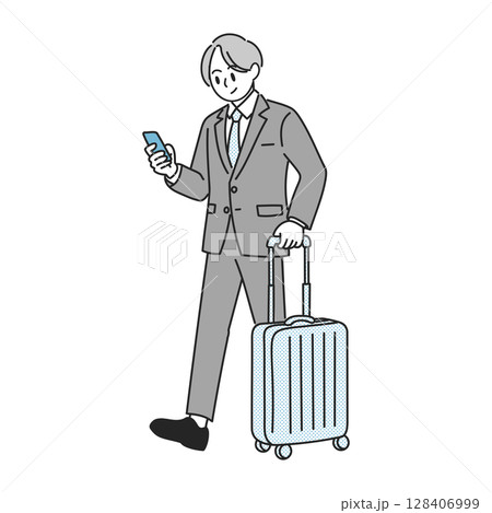 スーツケースを引きスマホを見るビジネスマンのイラスト 128406999