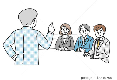 会議で説明を受ける若手ビジネスチームのイラスト 128407001