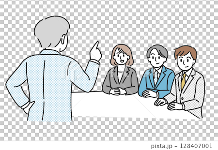 会議で説明を受ける若手ビジネスチームのイラスト 128407001