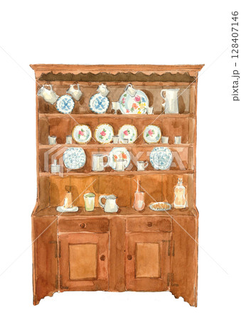 水彩で描いたレトロな木製食器棚のイラスト素材【手描き】白バック 切り抜き用 コピーペースあり 128407146