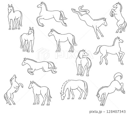 いろいろな馬のポーズ、線画イラストセット いろいろな馬のポーズ、線画イラストセット 128407343