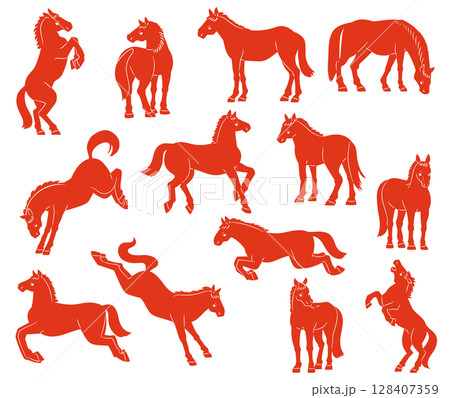 いろいろな馬のポーズ、シルエットイラストセット いろいろな馬のポーズ、シルエットイラストセット 128407359