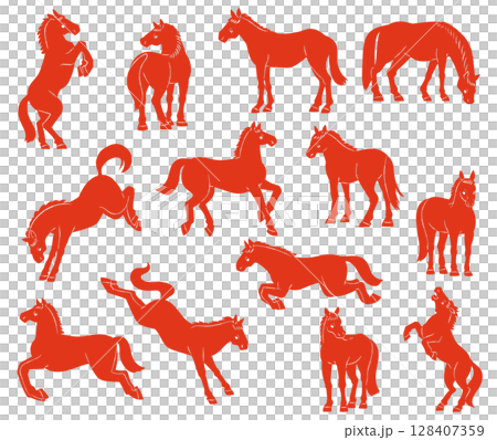 いろいろな馬のポーズ、シルエットイラストセット いろいろな馬のポーズ、シルエットイラストセット 128407359