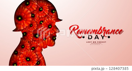 Remembrance Day Banner Design with Red Poppy Flowers in Patriotic Soldier Silhouette and Lest we Forget Typography Lettering on Clean Background. Vector November 11 International Memorial Day to Remembrance Day Banner Design with Red Poppy Flowers in Patriotic Soldier Silhouette and Lest we Forget Typography Lettering on Clean Background. Vector November 11 International Memorial Day to 128407385