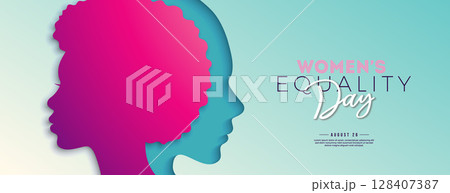 Women's Equality Day Banner Design. August 26 National Female Holiday in United States. USA Celebration Template with Woman Face Silhouette on Clean Background for Flyer, Greeting Card, Web Banner 128407387