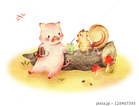 秋の野原でスイーツを食べるぶたとりす　手描き色鉛筆画 128407393