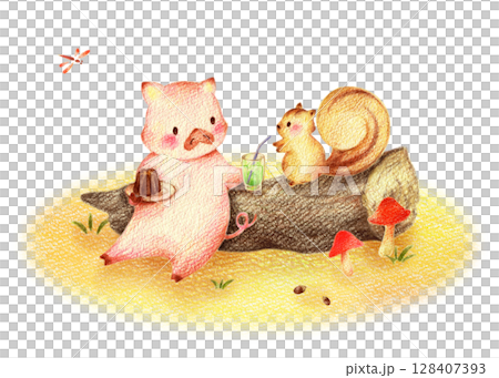 秋の野原でスイーツを食べるぶたとりす　手描き色鉛筆画 128407393