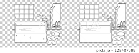 Comparison illustration of a dirty bathroom and a clean bathroom (monochrome) | Before and after, cleaning, cleaning Comparison illustration of a dirty bathroom and a clean bathroom (monochrome) | Before and after, cleaning, cleaning 128407399