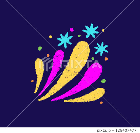 Crayon doodle firework symbol. Hand drawn firework pencil sketch. Chalk color magic sparkle. Crayon texture starburst. Vector illustration on white background Crayon doodle firework symbol. Hand drawn firework pencil sketch. Chalk color magic sparkle. Crayon texture starburst. Vector illustration on white background 128407477