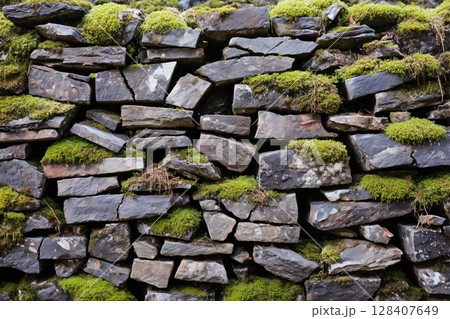 Rich textured stone wall with moss and cracks 128407649